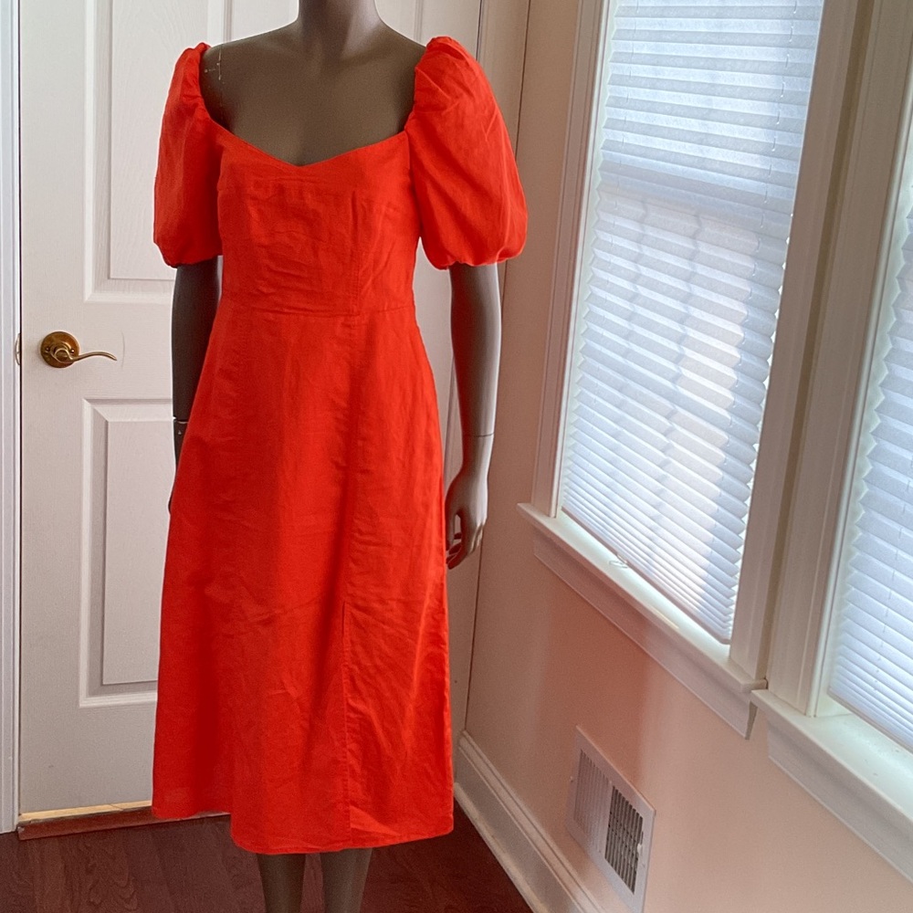 Banana Republic Vibrant Orange Puff Sleeve Midi Dress
